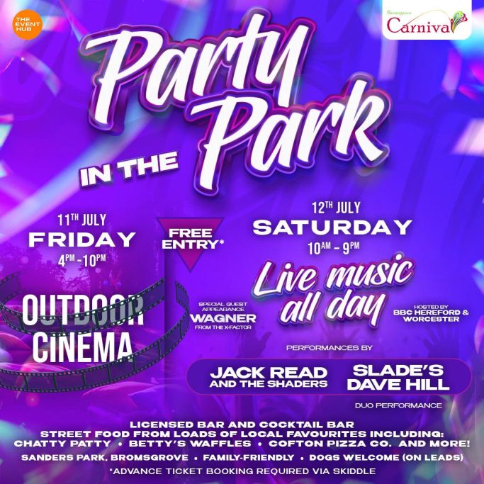 Event poster for "Party in the Park" featuring live music and outdoor cinema details.