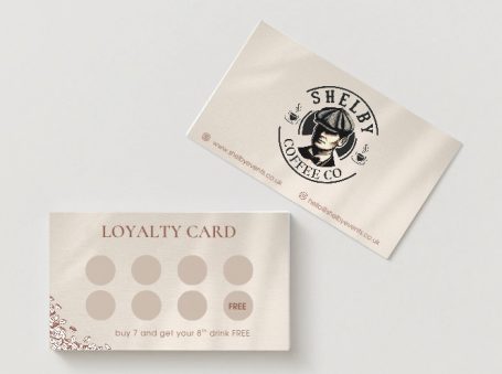 Shelby Coffee Loyalty card featuring logo and spaces for stamps or marks.