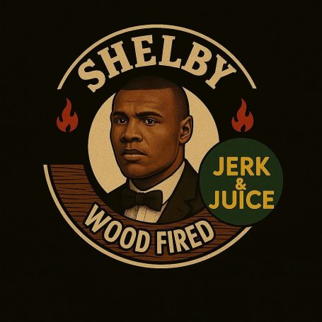 A stylised portrait of a man in a bow tie, featuring the text "Shelby Wood Fired Jerk & Juice."