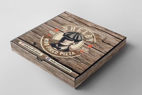 Wooden pizza box featuring a classic logo with a vintage pizza chef illustration.