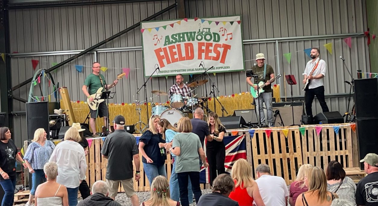 A live band performing on stage at a field festival, with a crowd enjoying the music.