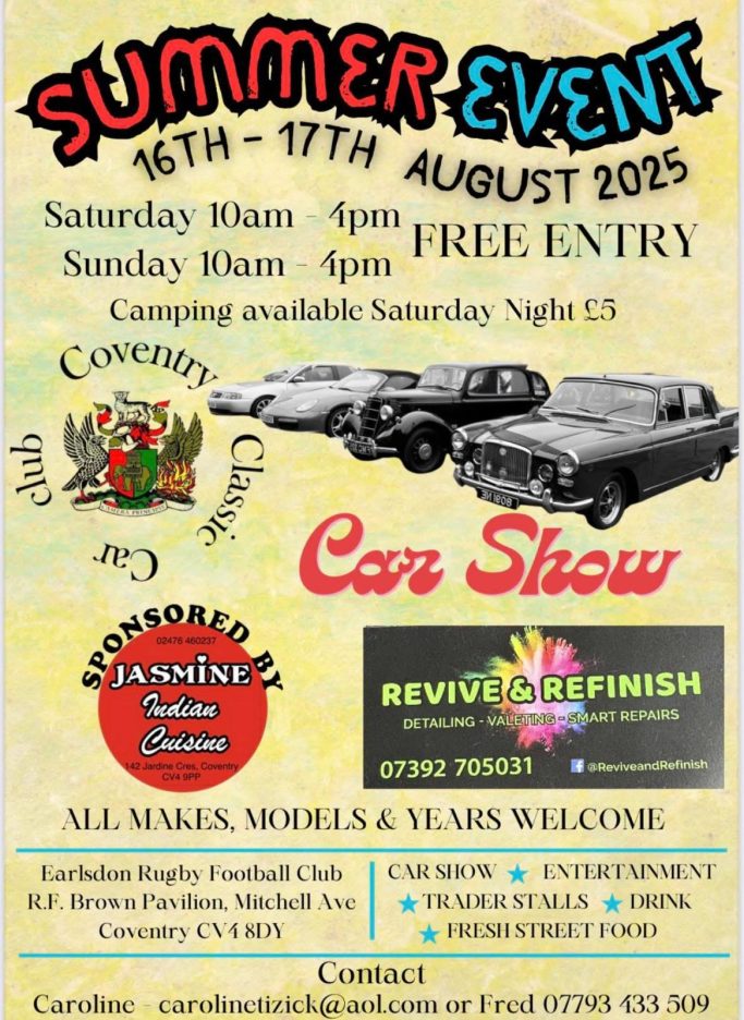 Event poster for a summer car show on 16th-17th August 2023 with details and free entry.