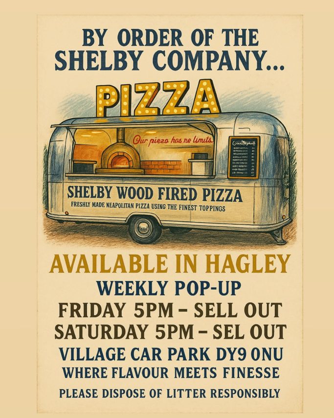 Shelby Wood Fired Pizza pop-up advertisement with details and location in Hagley.