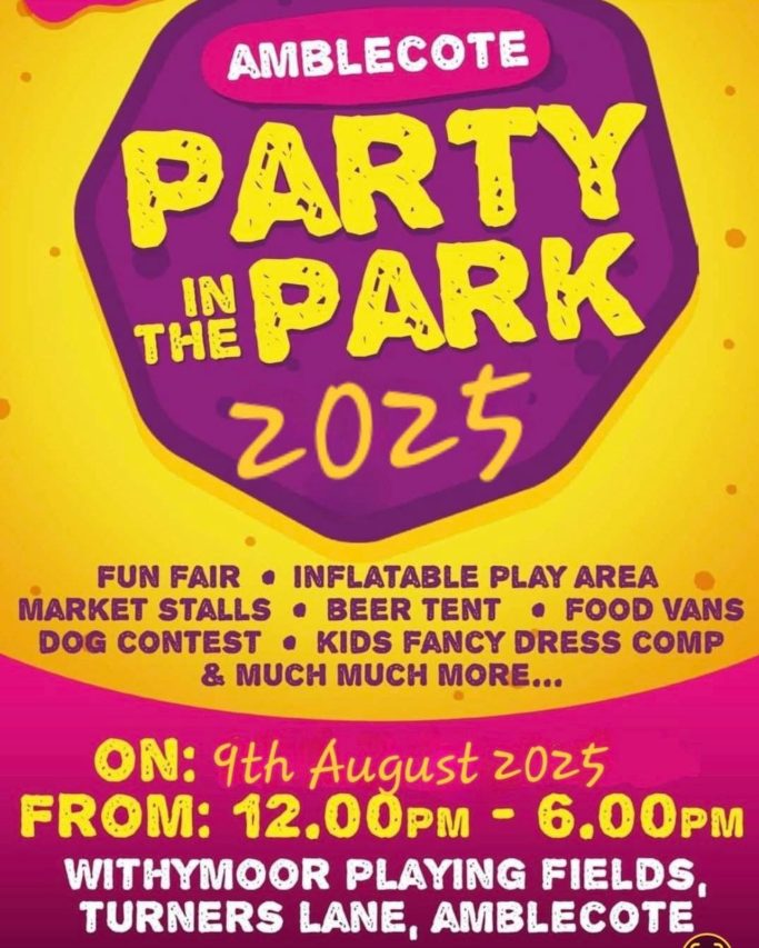 Event poster for "Party in the Park 2025" in Amblecote, detailing activities and timings.