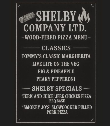 Wood-fired pizza menu featuring classics and specials like Margherita and BBQ chicken.