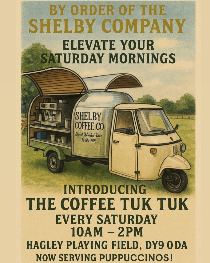 Vintage-style poster promoting the Coffee Tuk Tuk at Hagley Playing Field every Saturday.