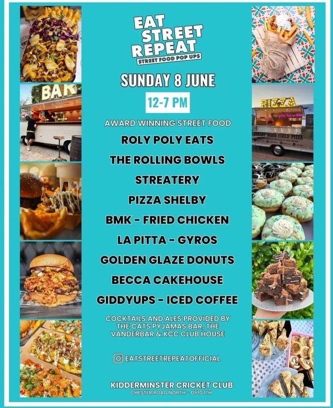 Event flyer for "Eat Street Repeat" on Sunday, 8 June at 12 PM, featuring various food vendors.